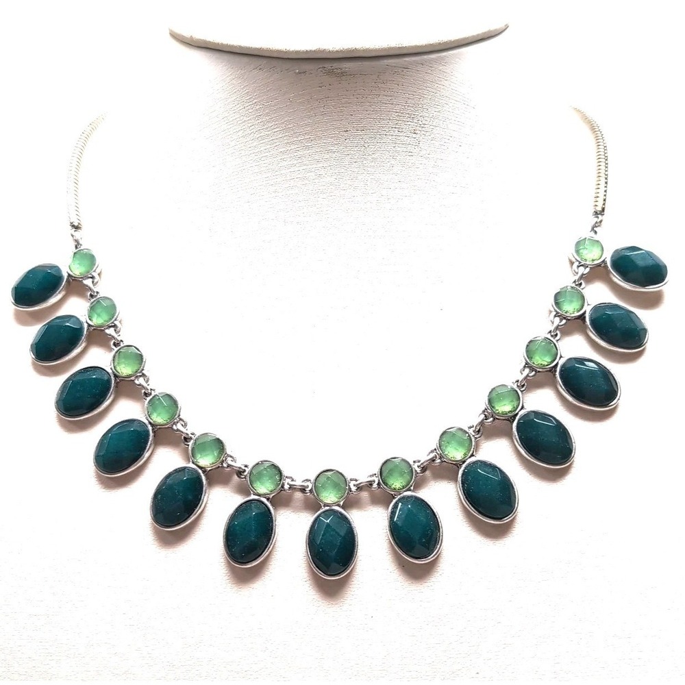 Lucky‎ Brand Statement Necklace Silver Tone Snake Chain Green Faceted Ovals